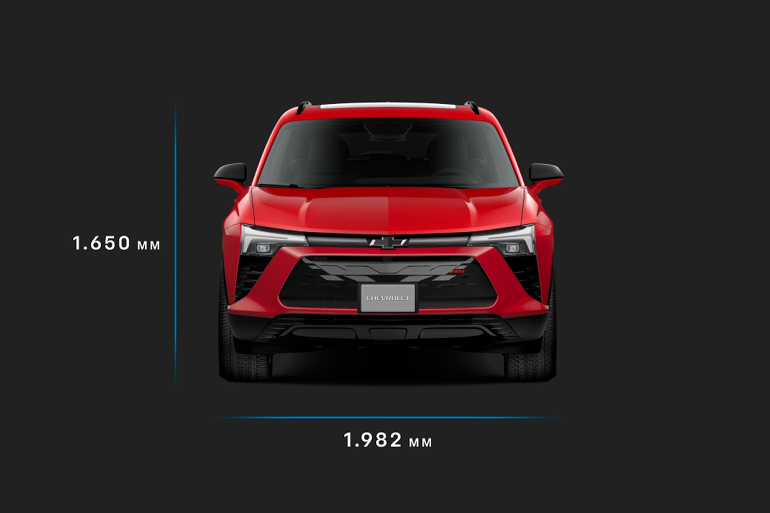 A SUV Blazer EV RS possui 1.65 metros de altura vertical  e 1.92 metros de largura horizontal